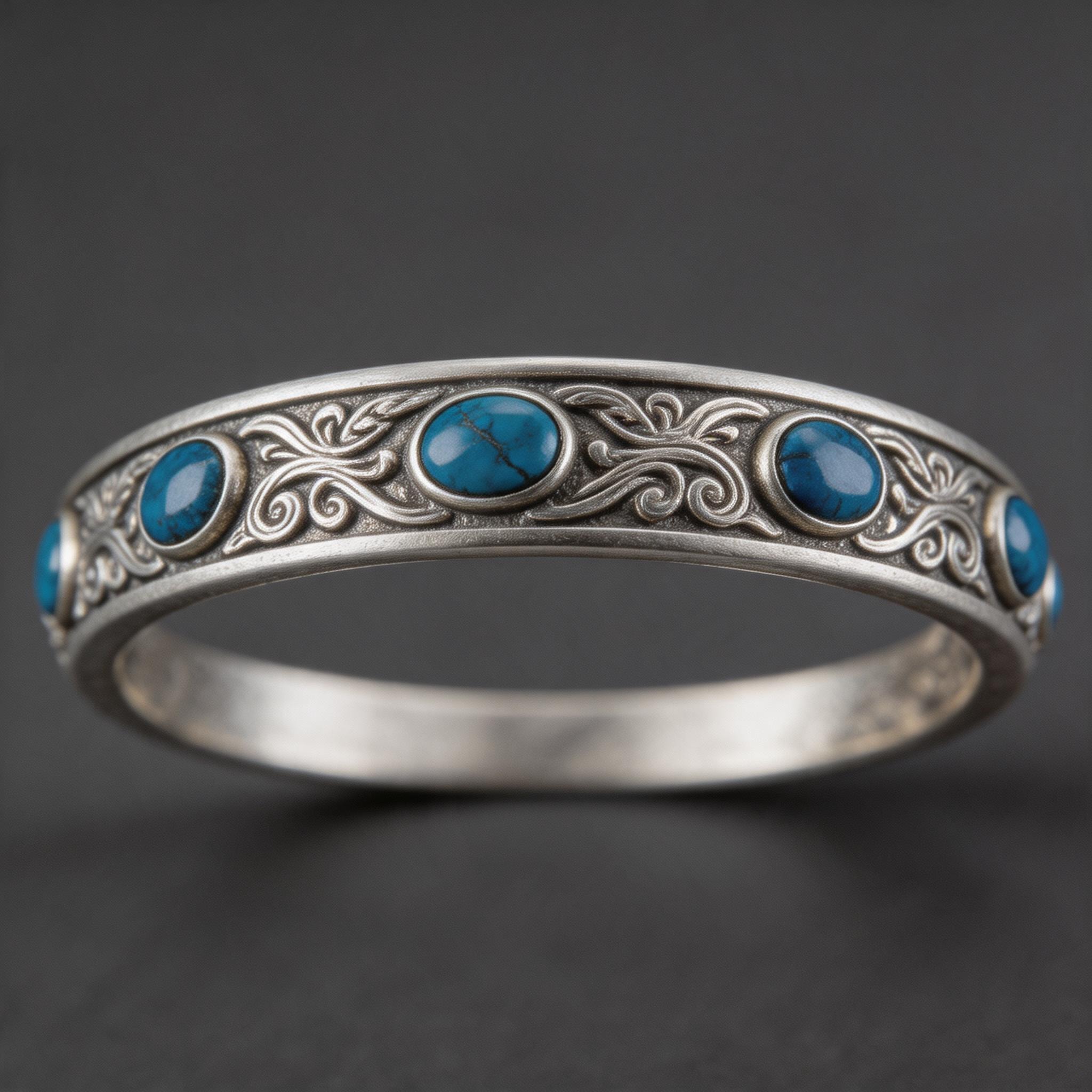 Tibetan Silver Scrollwork Turquoise Bangle product image showing 925藏银、天然西藏绿松石 and 手工錾刻、传统藏式浮雕工艺