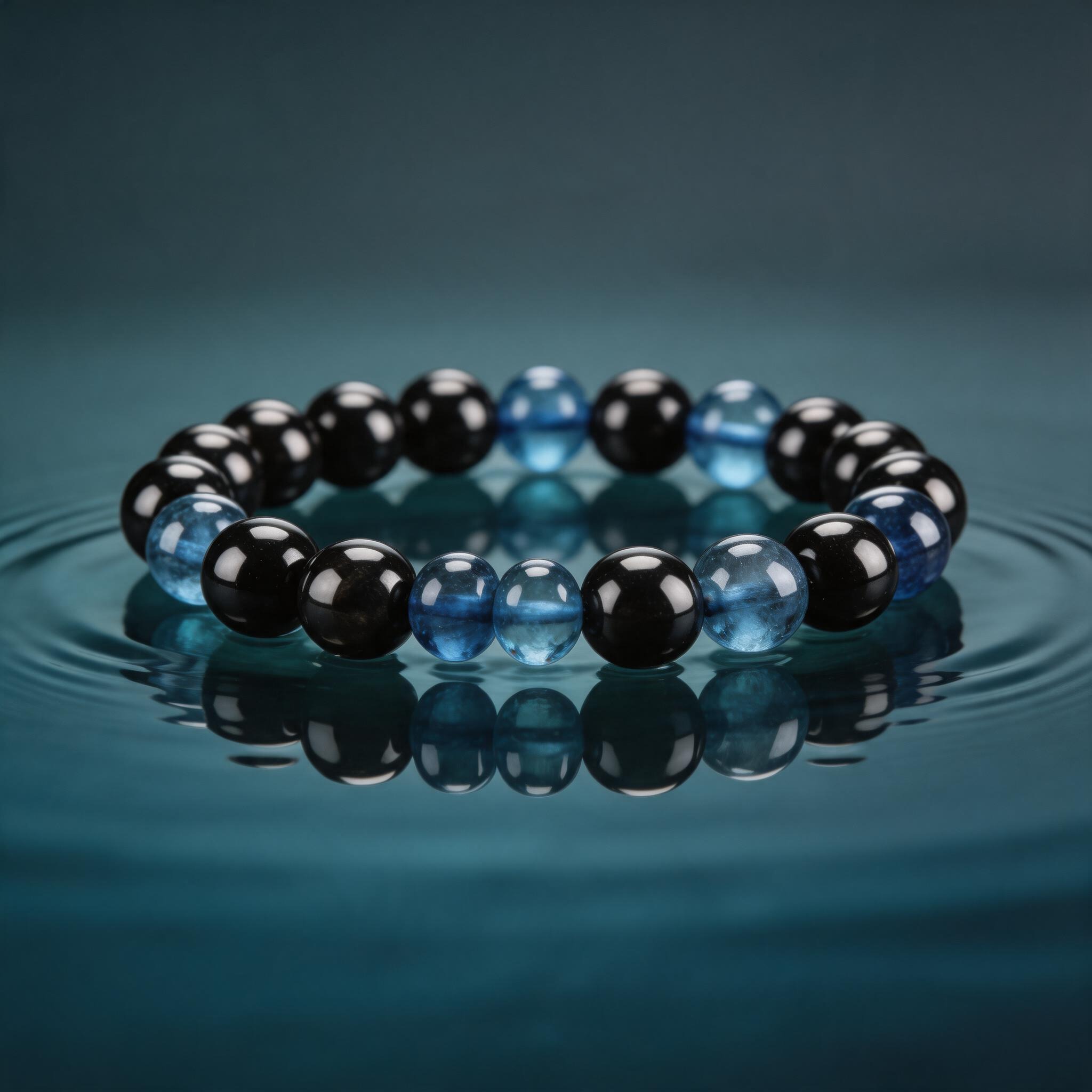 Black and Blue Beaded Bracelet product image showing 黑色与蓝色抛光石珠 and 珠串编织