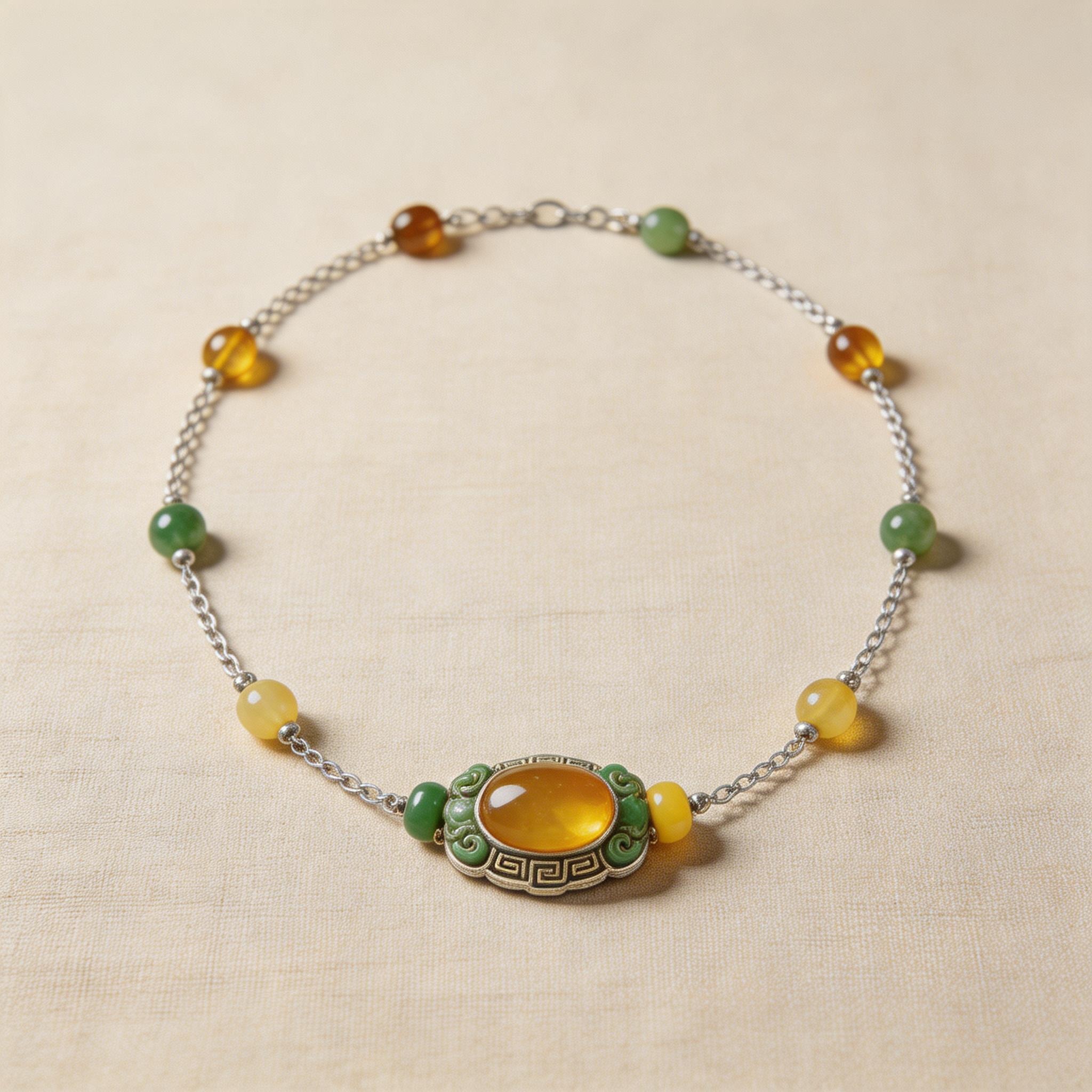 Silver-Toned Chain Amber and Green Stone Bracelet product image showing Silver-colored metal, Amber, Green stone and Metal setting, Bead strung