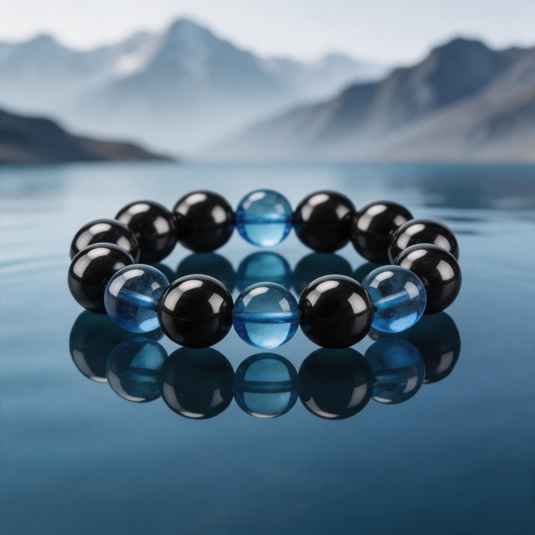 Black and Blue Polished Stone Beaded Bracelet product image showing Black Stone, Blue Stone and Polished