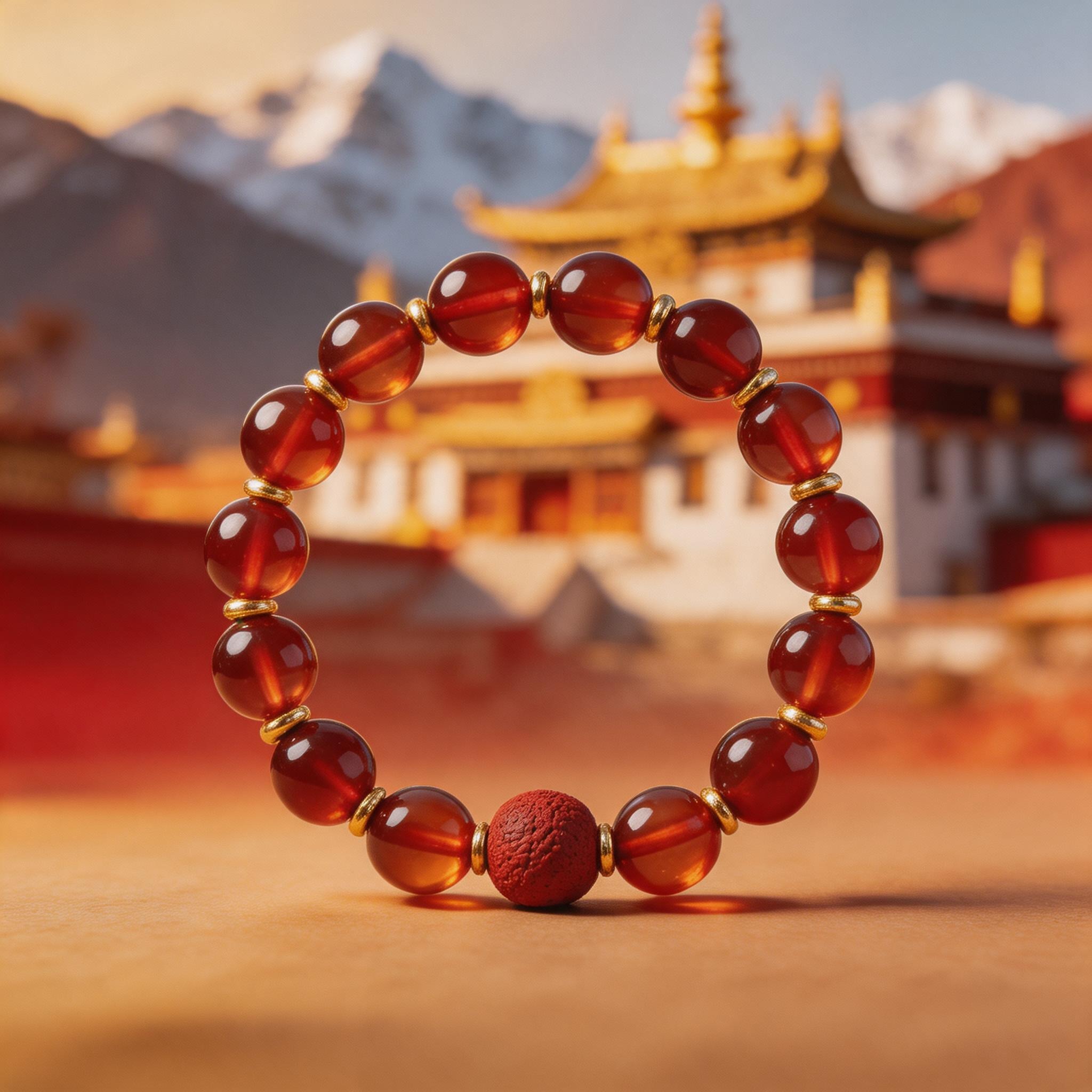 Carnelian Beaded Bracelet product image showing Reddish-orange stone beads (Carnelian/Agate style), gold-tone spacers, textured red bead and Hand-strung, polished