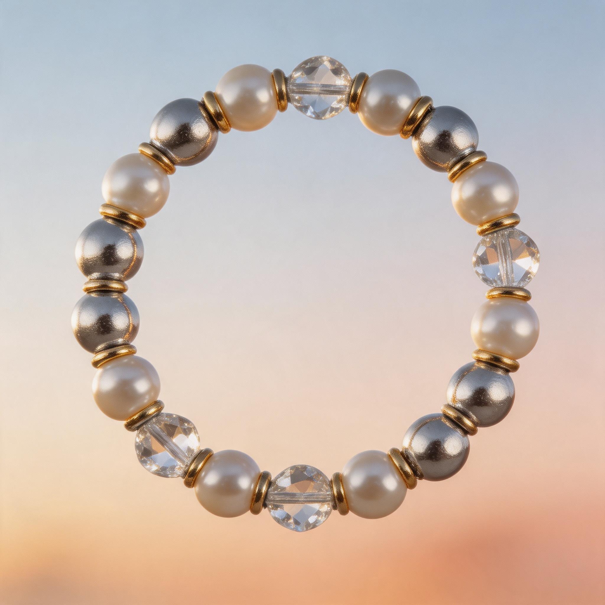 Pearl and Crystal Stretch Bracelet product image showing faux pearl, crystal, alloy and Please refer to the product description and inquiry confirmation for final details.