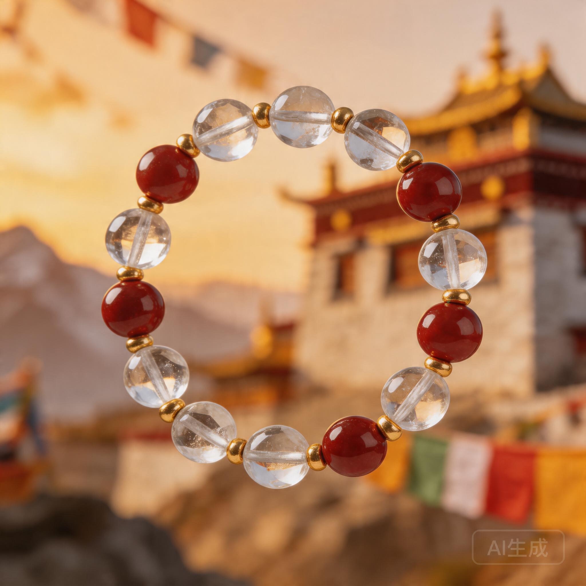 Clear Quartz and Red Carnelian Bracelet with Gold Spacers product image showing Clear Quartz, Red Carnelian, Gold-tone Alloy and Polished Beads
