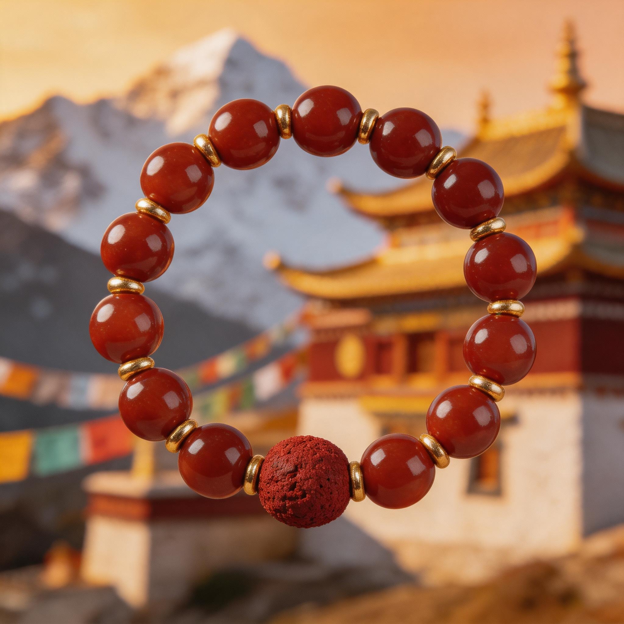 Red Agate Beaded Bracelet with Gold Spacers product image showing Red Agate/Carnelian, Textured Red Stone, Gold-tone Alloy and Beading