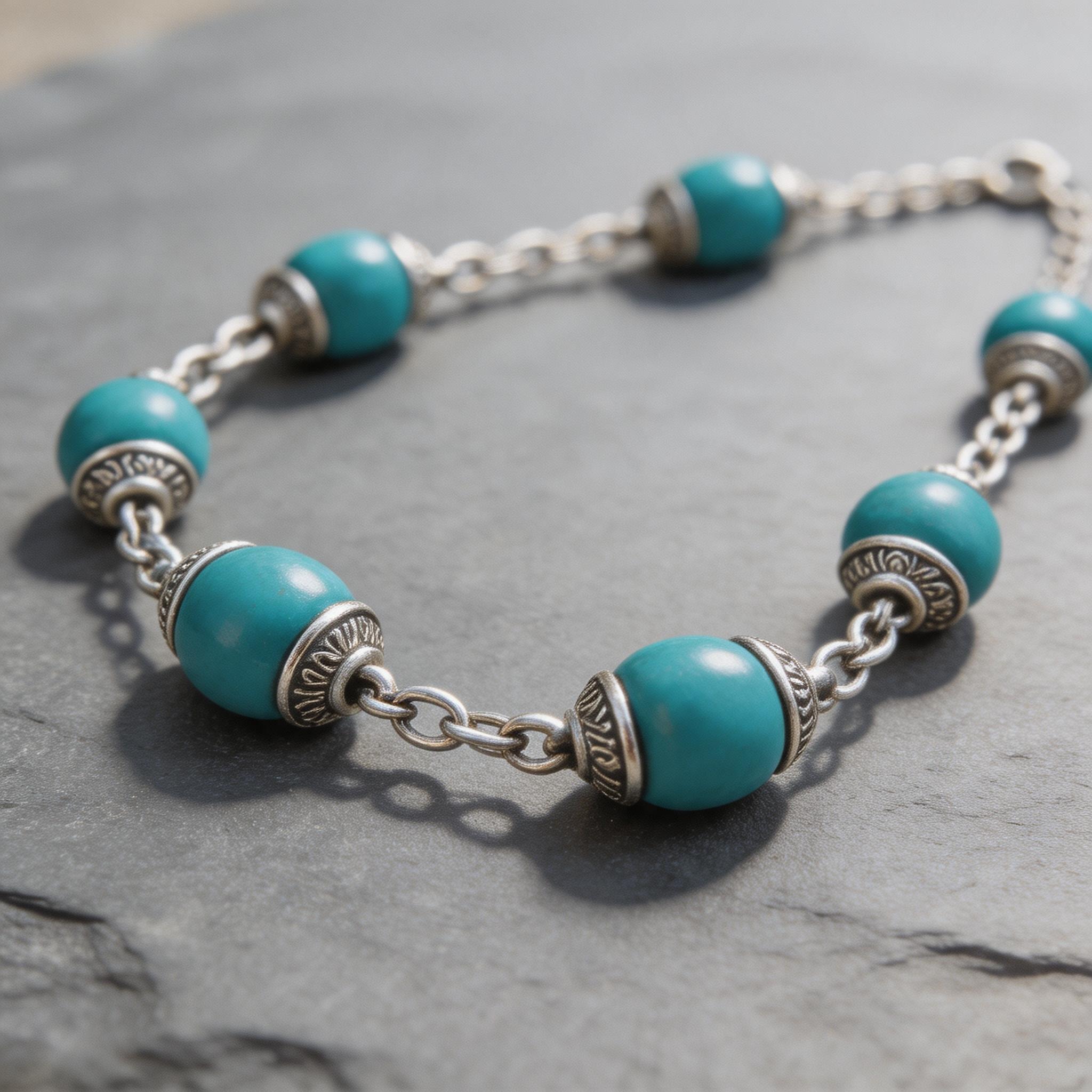 Turquoise-Style Beaded Bracelet product image showing Simulated turquoise, silver-tone alloy and Please refer to the product description and inquiry confirmation for final details.