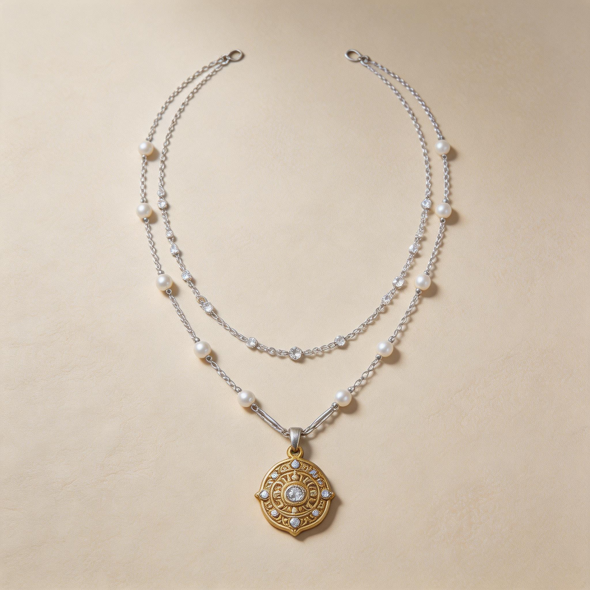 Double-strand Pearl and Crystal Necklace with Gold Medallion Pendant product image showing Silver-tone chain, white pearls, gold-tone metal, cubic zirconia and Chain assembly, metal stamping
