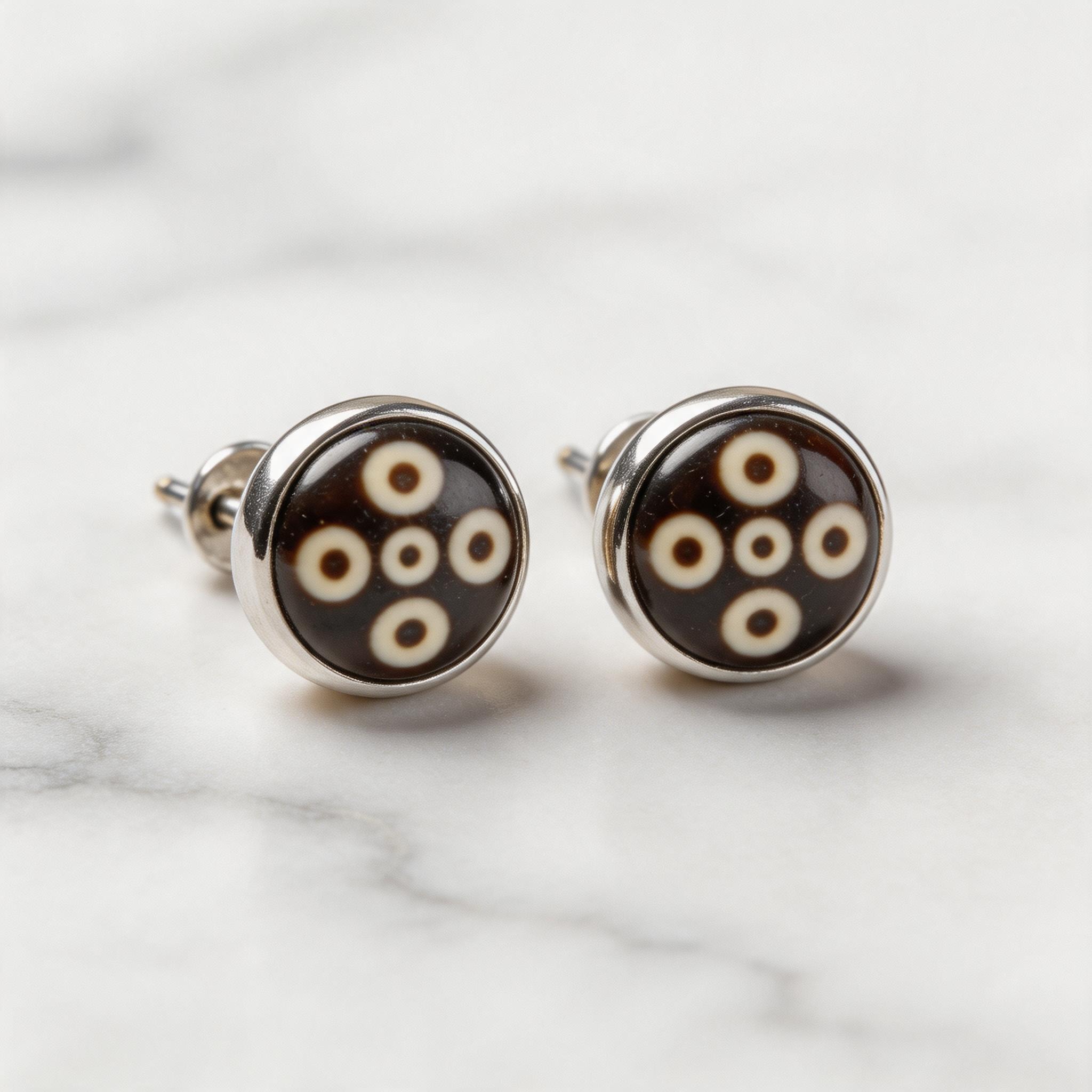 Five-Eye Dzi Bead Silver Stud Earrings product image showing Silver, Five-Eye Dzi Bead and Please refer to the product description and inquiry confirmation for final details.