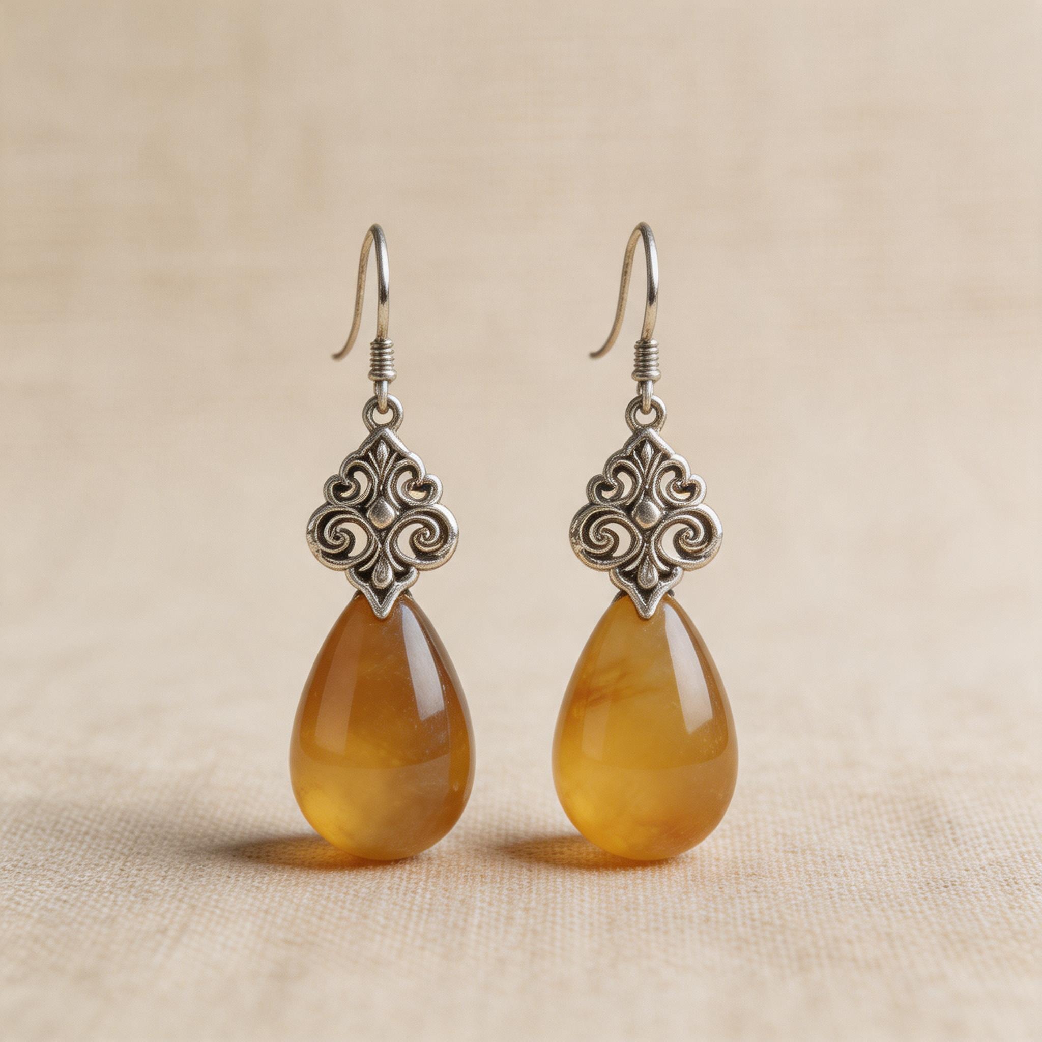 Silver Filigree Teardrop Earrings with Yellow Agate product image showing Silver, Yellow Agate and Filigree metalwork
