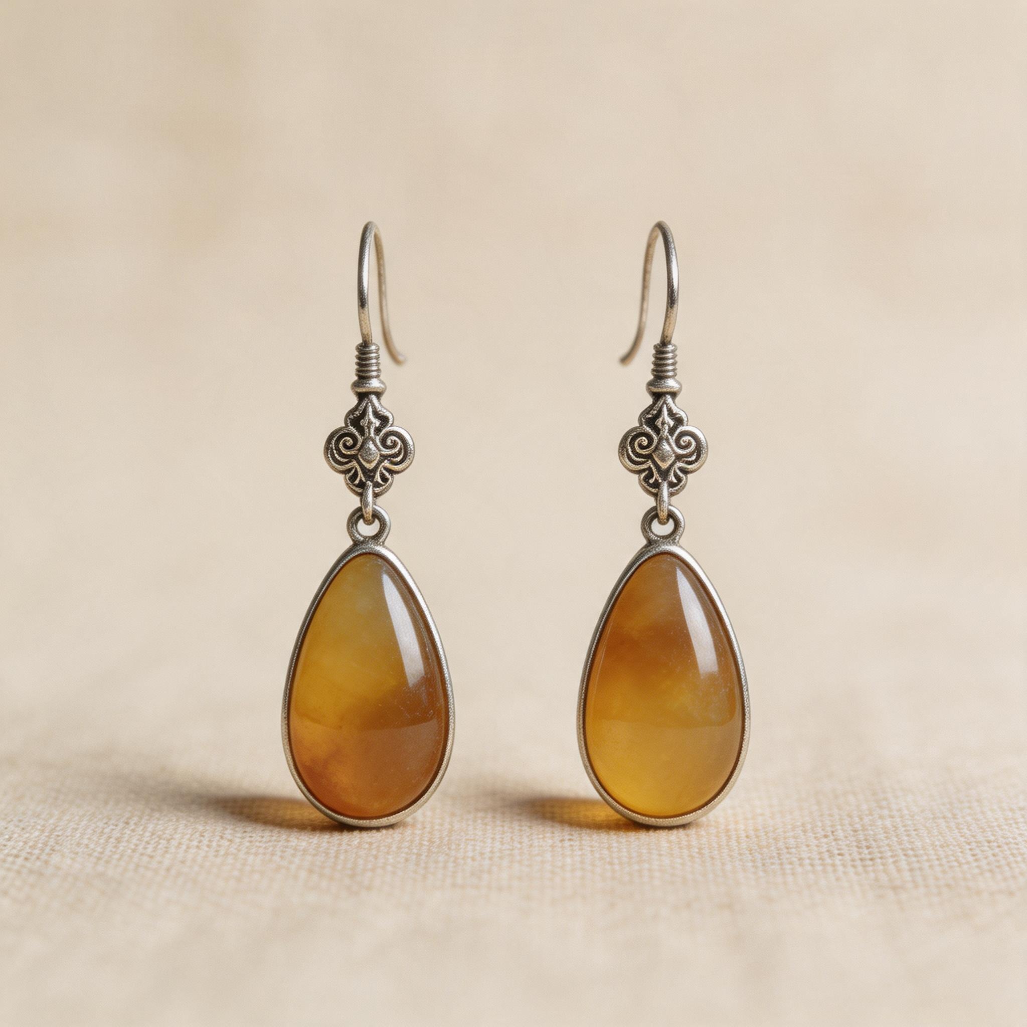 Silver Filigree Teardrop Earrings with Yellow Stone product image showing Silver-tone metal, yellow stone cabochon and Filigree metalwork