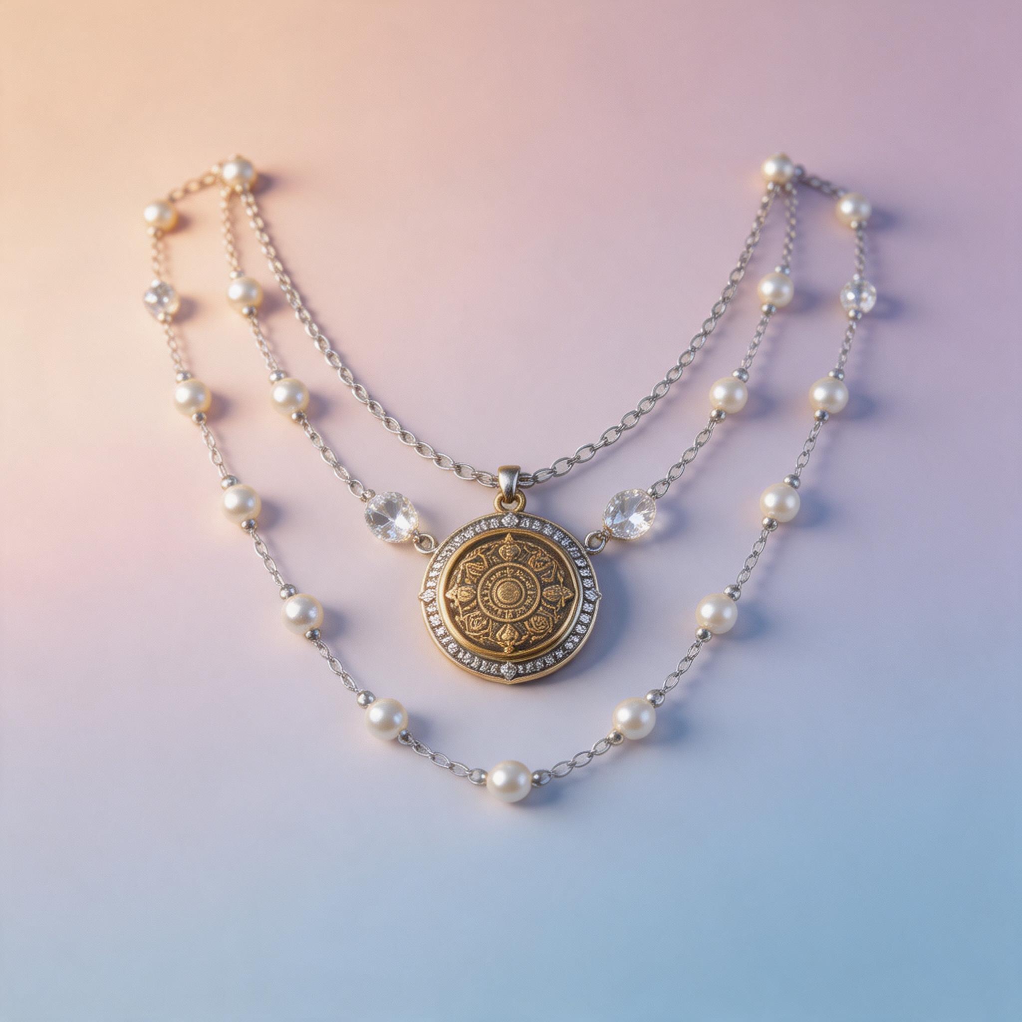 Pearl and Crystal Gold-Tone Medallion Necklace product image showing Alloy, Pearl, Crystal and Chain assembly