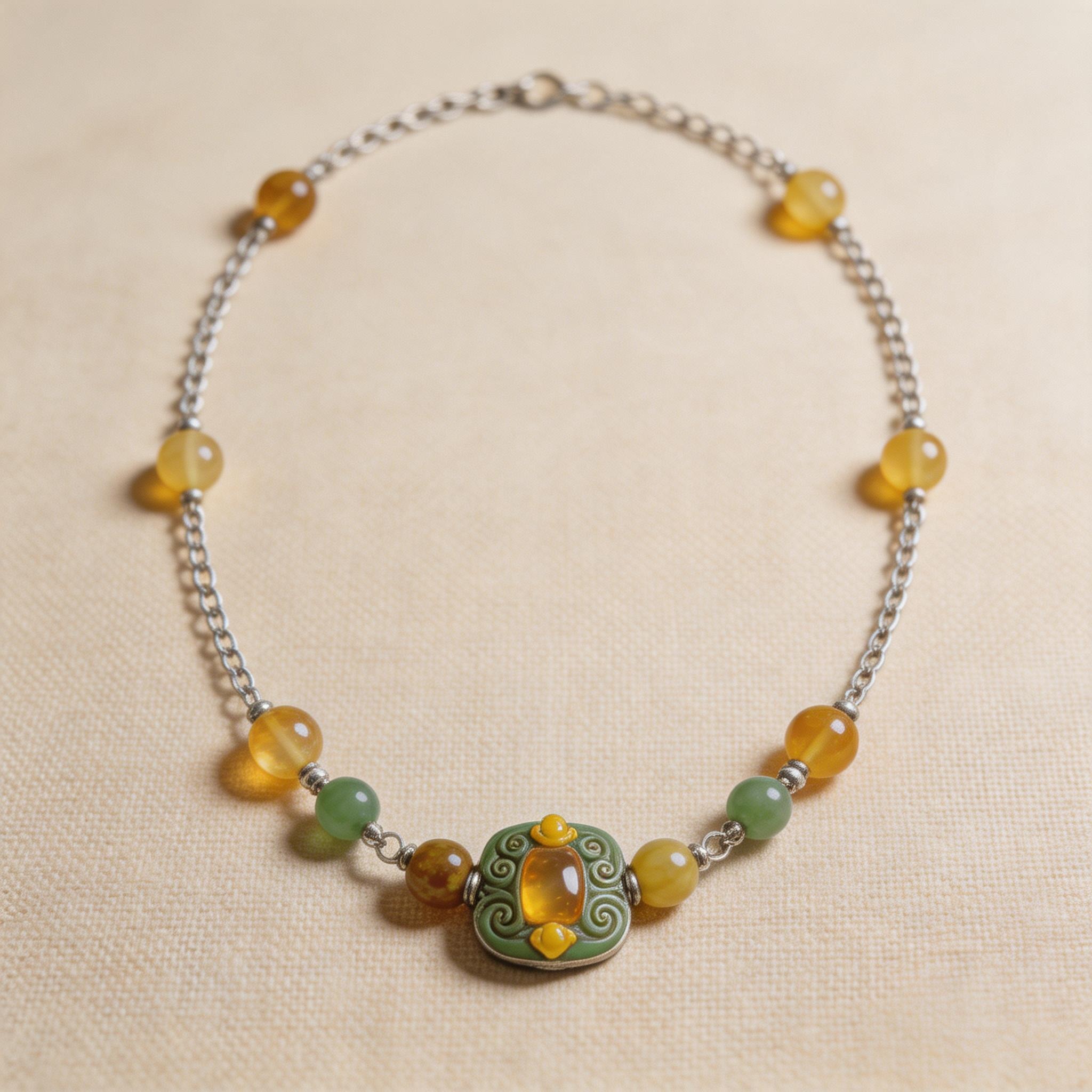 Yellow Agate Green Stone Tibetan Style Necklace product image showing Silver-colored alloy, Yellow agate, Green stone and Alloy casting