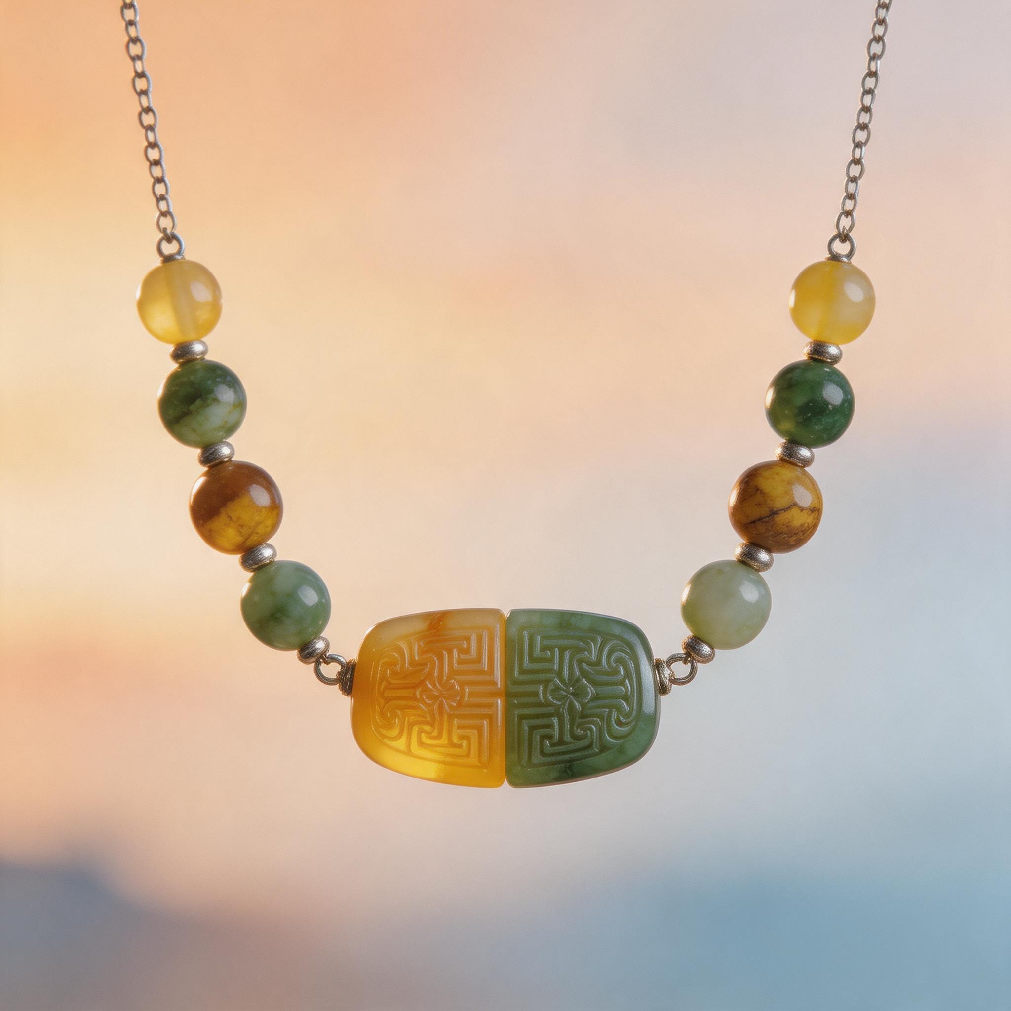 Yellow and Green Carved Stone Pendant Necklace product image showing Silver-toned metal, Mixed semi-precious stones (Yellow/Green stone, Tiger Eye) and Stone carving, bead stringing