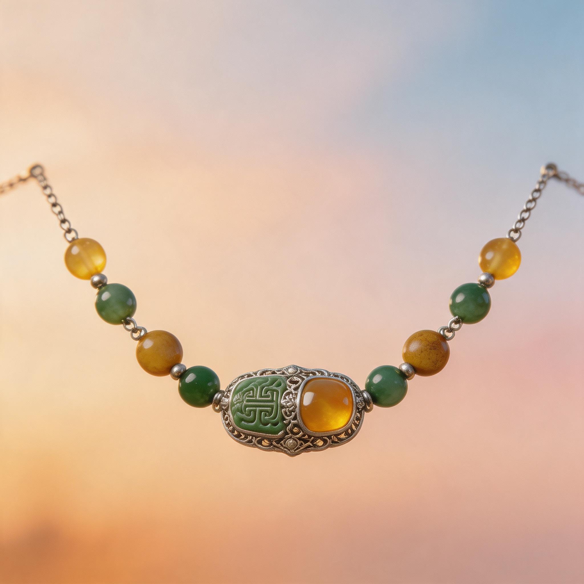 Tibetan Silver Green and Yellow Stone Necklace product image showing Tibetan Silver, Green Stone, Yellow Stone and Filigree, Hand-carved details
