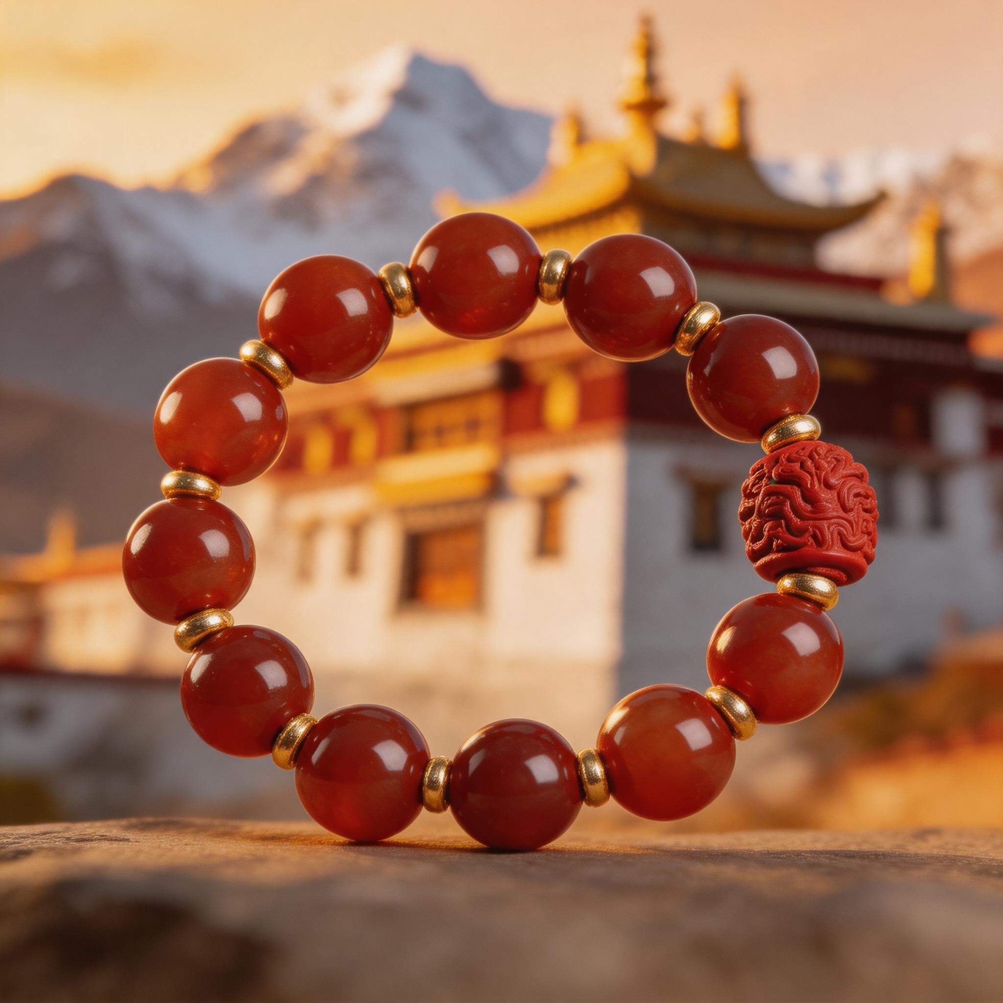 Red Polished Stone Bracelet with Gold Spacers and Carved Focal Bead product image showing Reddish-orange stone beads, gold-tone alloy spacers, carved red focal bead and Polished stone beads, carved focal bead