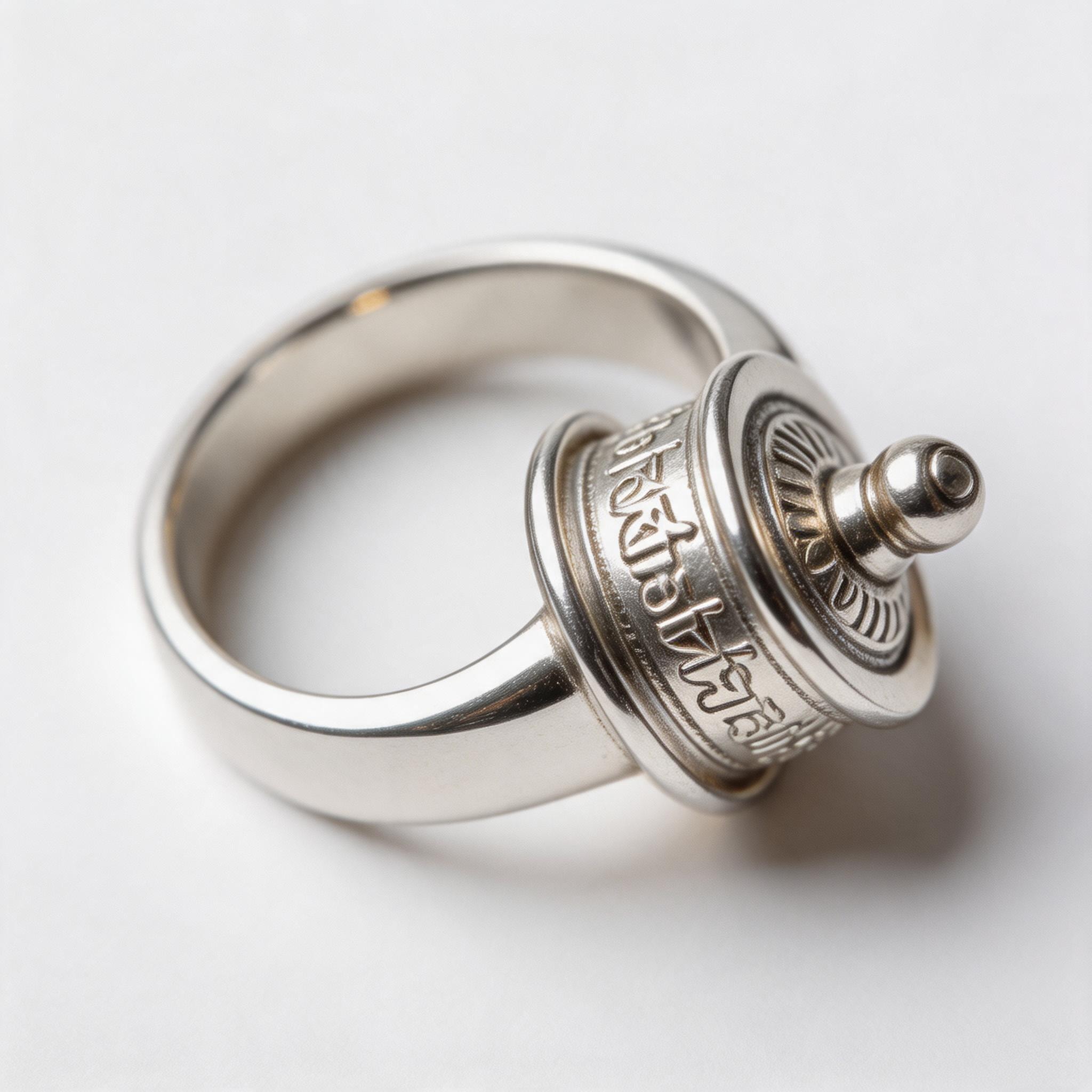 Prayer Wheel Pure Silver Ring product image showing 999纯银 and Please refer to the product description and inquiry confirmation for final details.