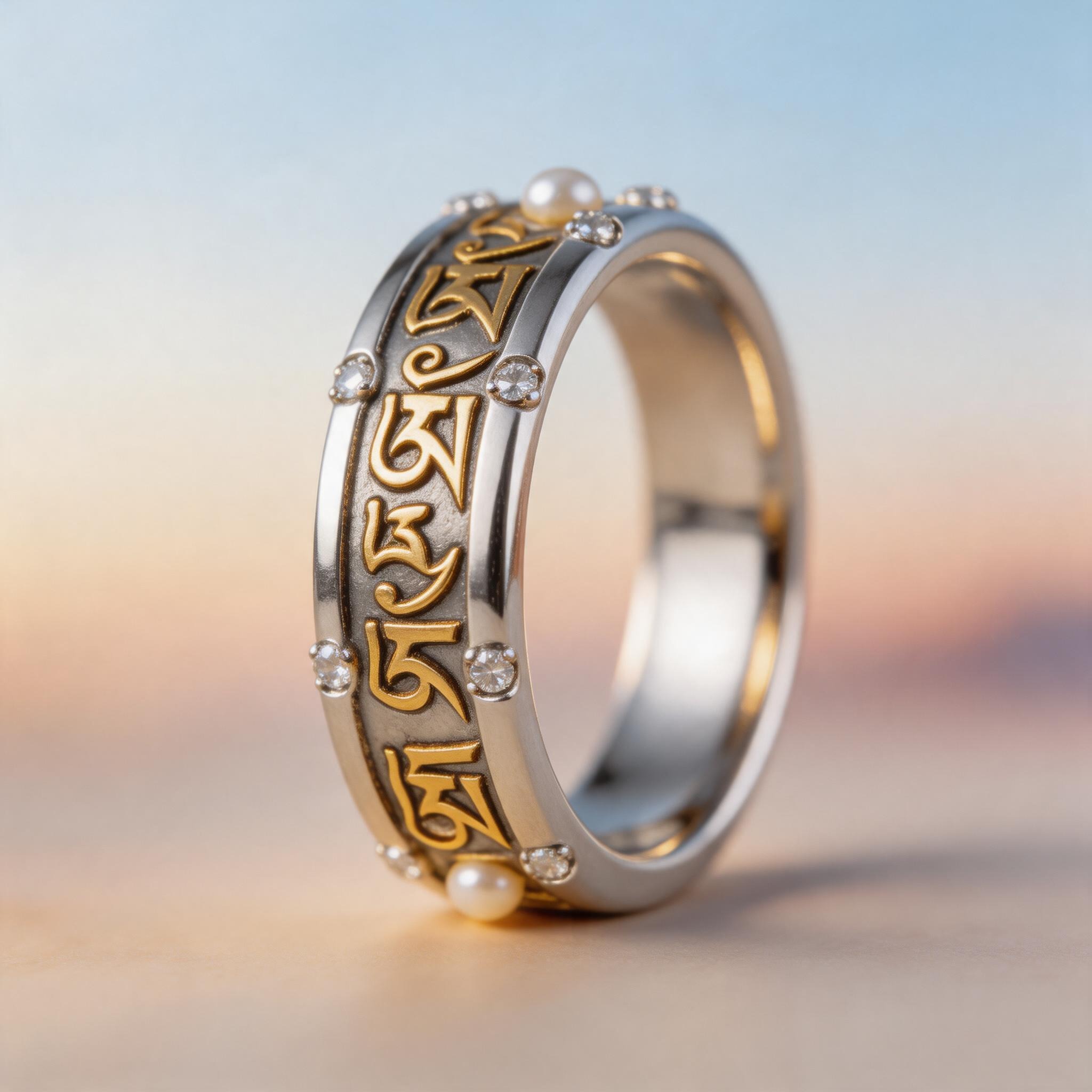 Tibetan Script Pearl and Crystal Silver Ring product image showing Silver, Gold Plating, Pearl, Crystal and Traditional Casting
